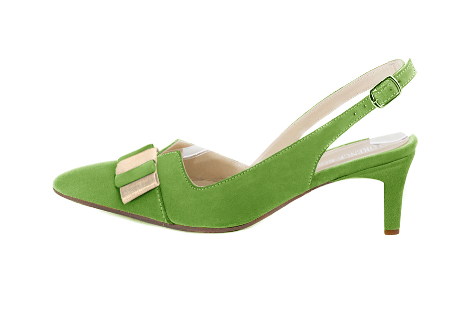 French elegance and refinement for these grass green and gold dress slingback shoes, with a knot, 
                available in many subtle leather and colour combinations. The pretty French spirit of this beautiful pump 
will accompany your steps nicely and comfortably.
To be personalized or not, with your materials and colors.  
                Matching clutches for parties, ceremonies and weddings.   
                You can customize these shoes to perfectly match your tastes or needs, and have a unique model.  
                Choice of leathers, colours, knots and heels. 
                Wide range of materials and shades carefully chosen.  
                Rich collection of flat, low, mid and high heels.  
                Small and large shoe sizes - Florence KOOIJMAN